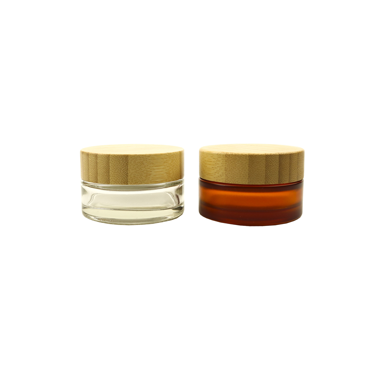 1oz 30ml 50ML 100ML amber glass jar with wooden lid clear frosted cream bottle brown bamboo lid cosmetic jar packaging HOT SALE