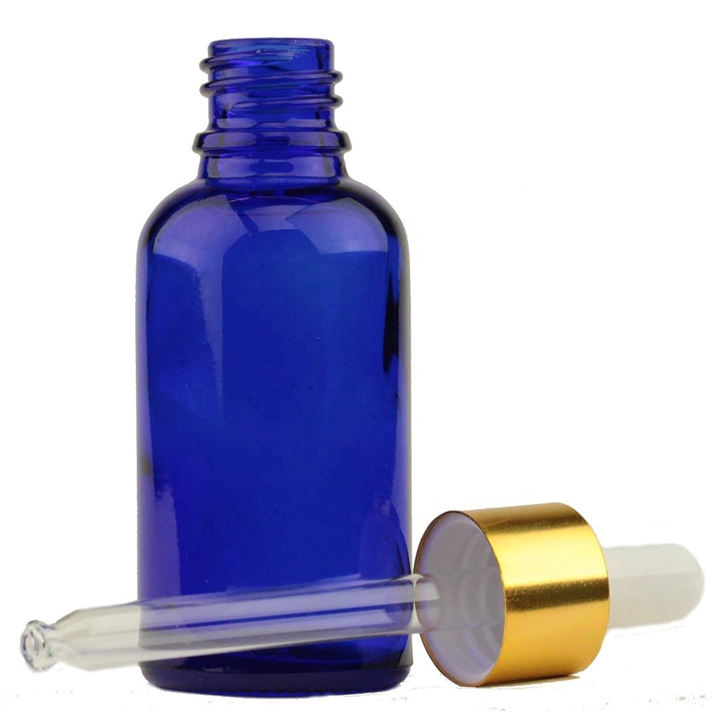 1oz. (30ml) Cobalt Blue Glass Essential Oil Bottle with Gold Aluminum Cap w/ Attached White Rubber Bulb and Glass Dropper Tube