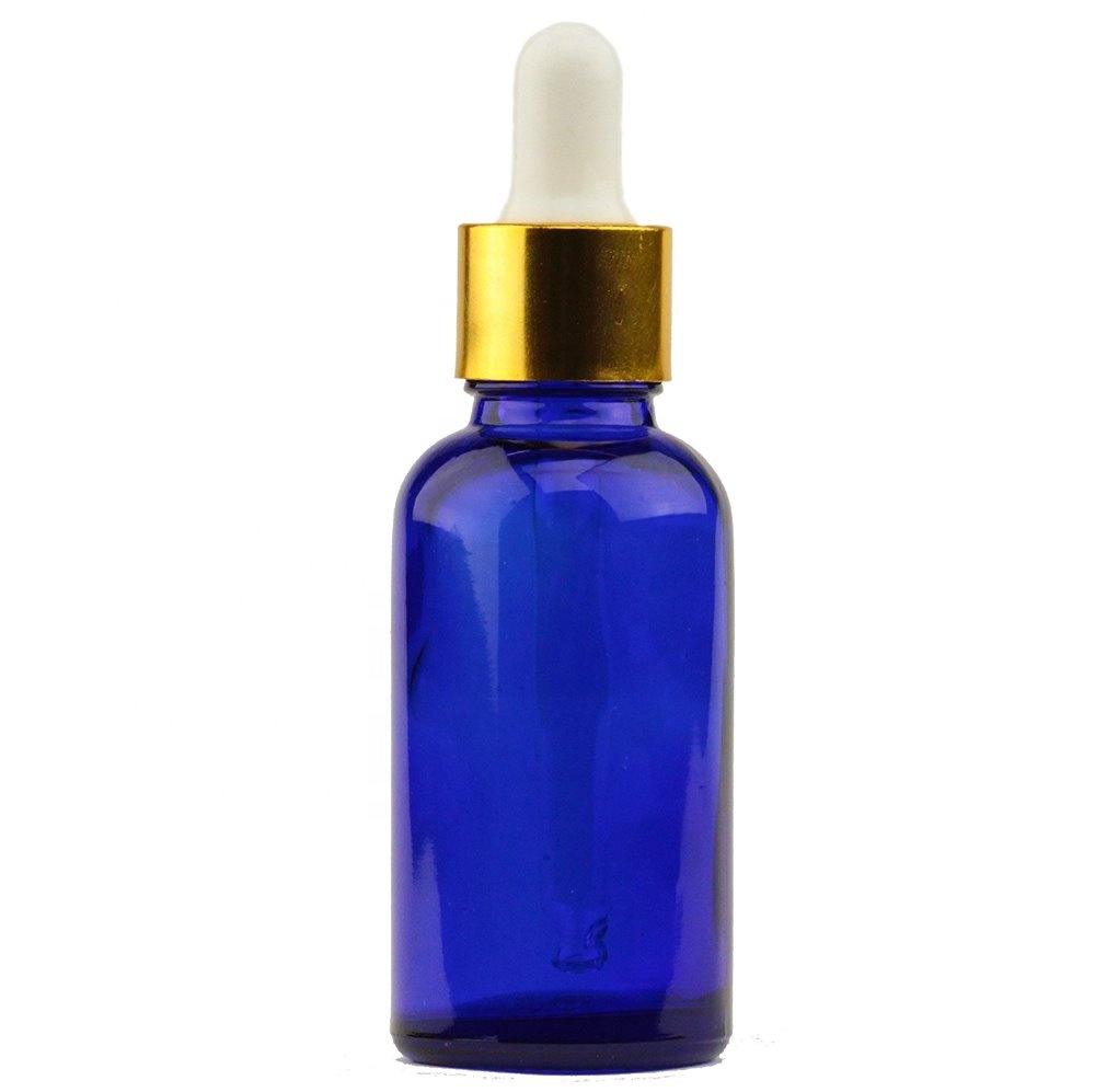 1oz. (30ml) Cobalt Blue Glass Essential Oil Bottle with Gold Aluminum Cap w/ Attached White Rubber Bulb and Glass Dropper Tube