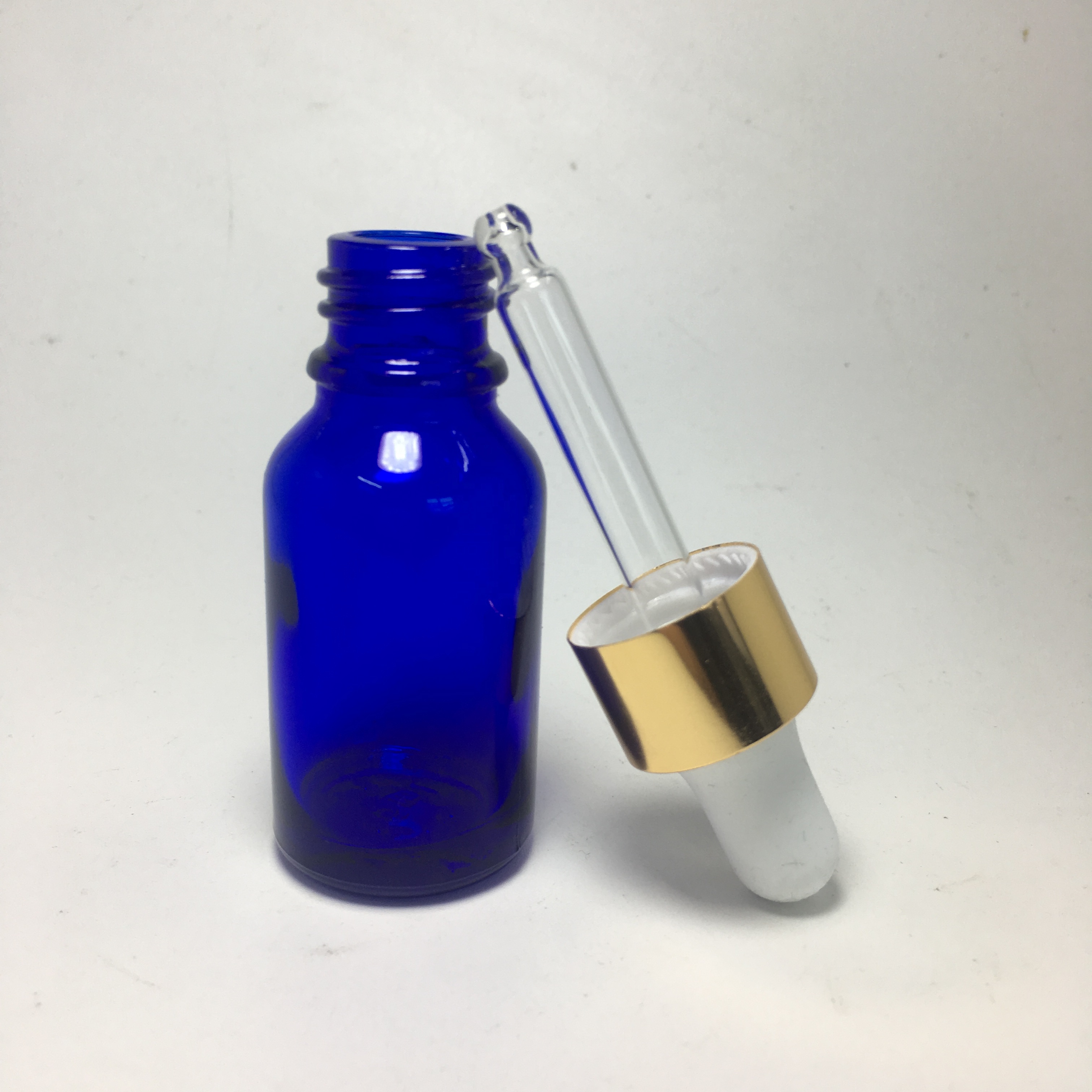 1oz. (30ml) Cobalt Blue Glass Essential Oil Bottle with Gold Aluminum Cap w/ Attached White Rubber Bulb and Glass Dropper Tube