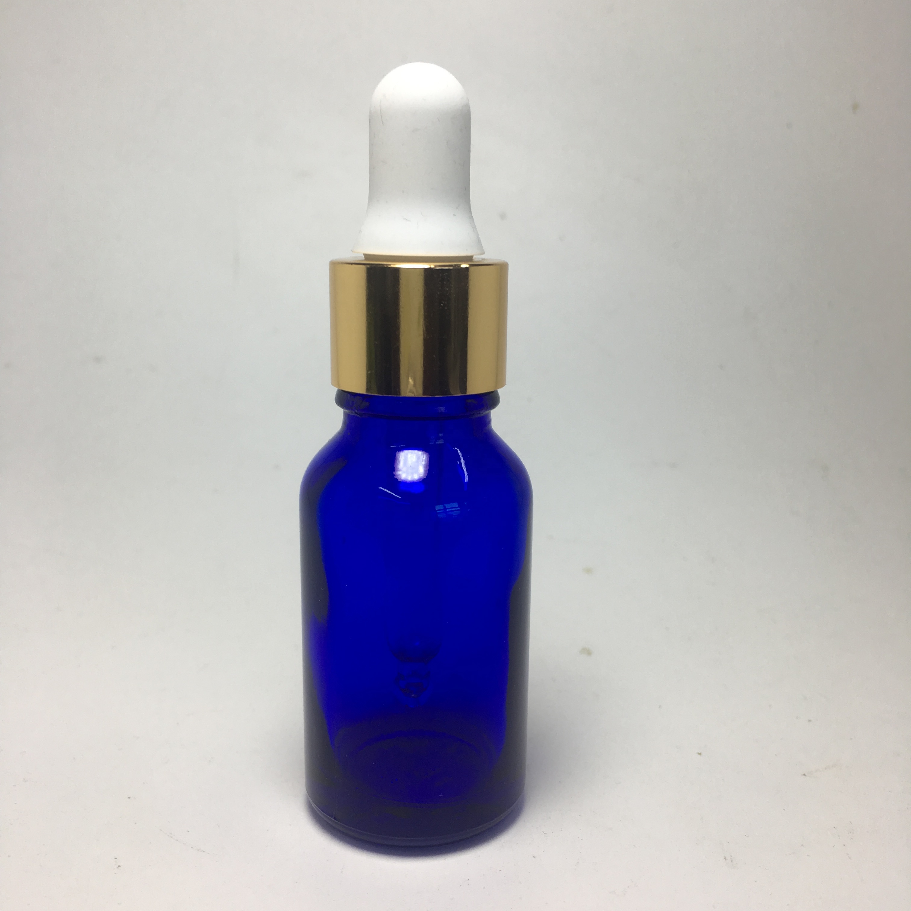 1oz. (30ml) Cobalt Blue Glass Essential Oil Bottle with Gold Aluminum Cap w/ Attached White Rubber Bulb and Glass Dropper Tube