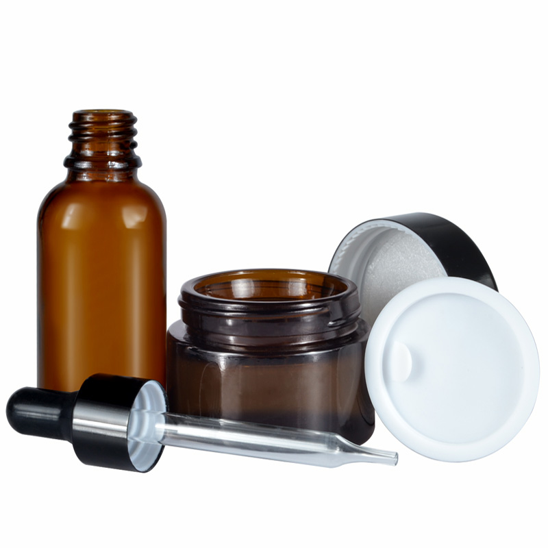 1oz 30ml clear amber glass dropper essential oil bottle and cosmetic cream jar series container