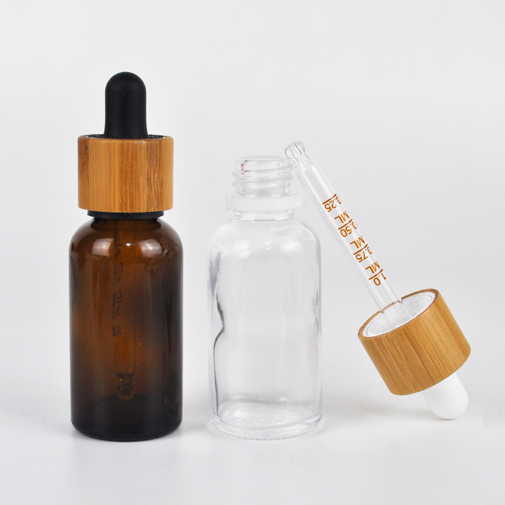 1oz 30ml clear blue brown round glass essential oil dropper bottles with bamboo lid