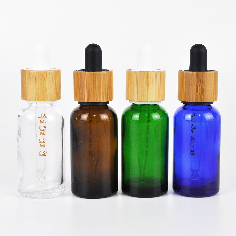 1oz 30ml clear blue brown round glass essential oil dropper bottles with bamboo lid