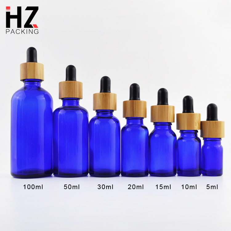 1oz 30ml clear blue brown round glass essential oil dropper bottles with bamboo lid