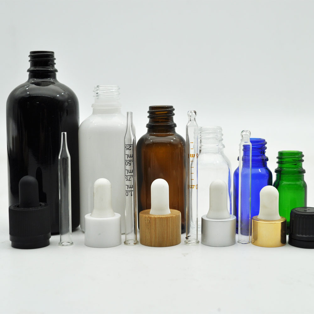 1oz 30ml clear blue brown round glass essential oil dropper bottles with bamboo lid