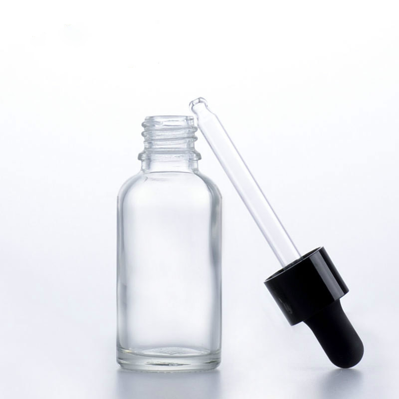 1oz 30ml clear glass dropper bottle with white childproof cap
