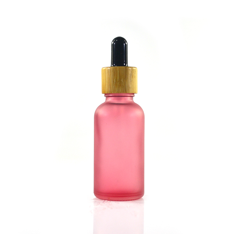 1oz 30ml colored pink frosted glass dropper oil bottle with bamboo screw cap