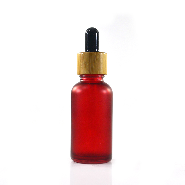 1oz 30ml colored pink frosted glass dropper oil bottle with bamboo screw cap
