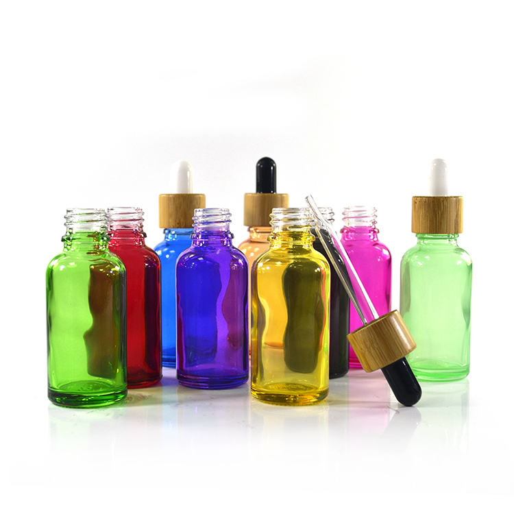 1oz 30ml colorful pink yellow blue purple black essential oil glass dropper bottle with bamboo cap