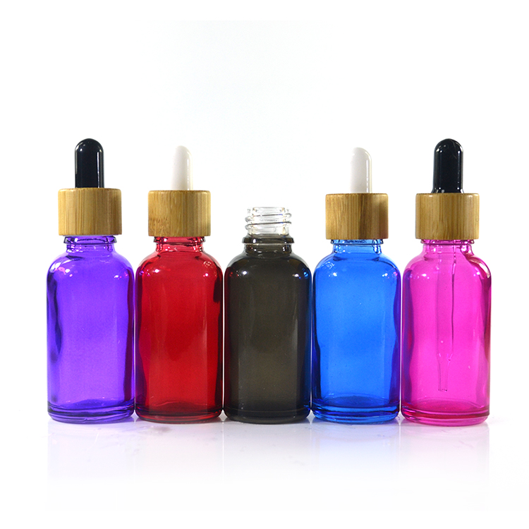 1oz 30ml colorful pink yellow blue purple black essential oil glass dropper bottle with bamboo cap