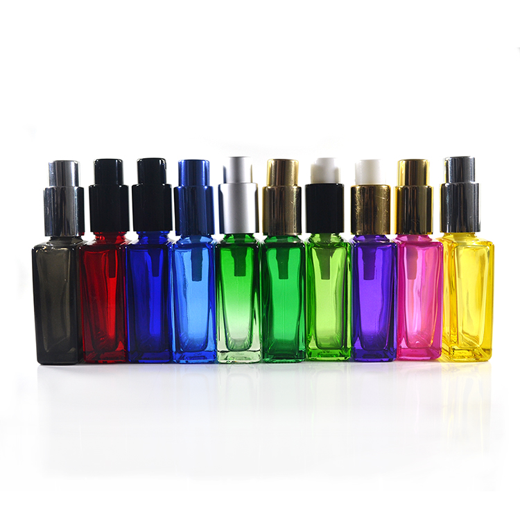 1oz 30ml colorful rectangular square cosmetic oil glass dropper bottle with pump spray or lotion cap