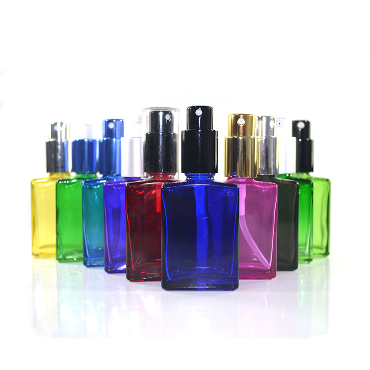 1oz 30ml colorful rectangular square cosmetic oil glass dropper bottle with pump spray or lotion cap