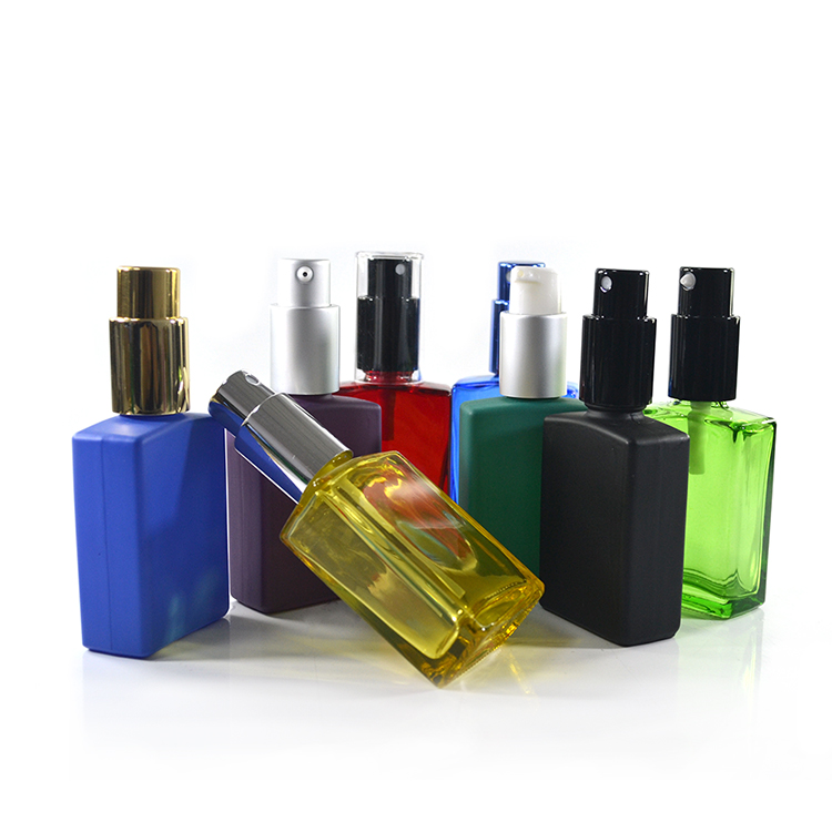 1oz 30ml colorful rectangular square cosmetic oil glass dropper bottle with pump spray or lotion cap
