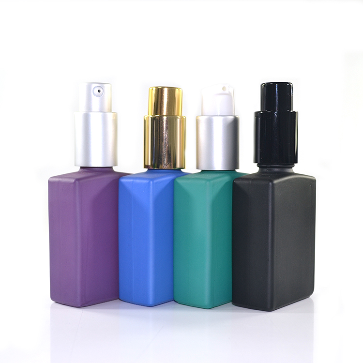 1oz 30ml colorful rectangular square cosmetic oil glass dropper bottle with pump spray or lotion cap