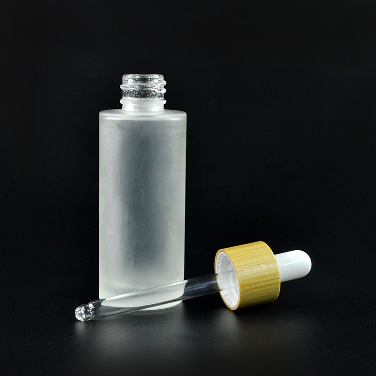 1oz 30ml essential oil flat neck frosted glass dropper bottle with bamboo screw cap with rubber and pipette