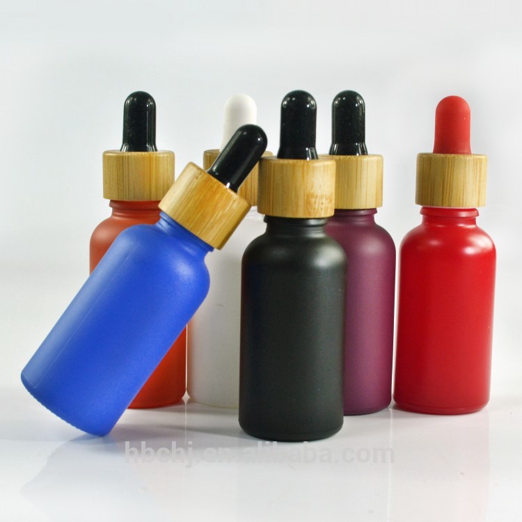 1oz 30ml matte black red white green blue purple glass dropper bottle with bamboo wood lid