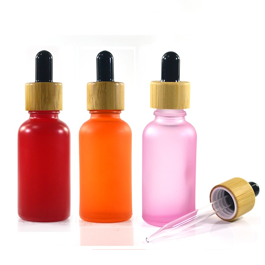 1oz 30ml matte black red white green blue purple glass dropper bottle with bamboo wood lid