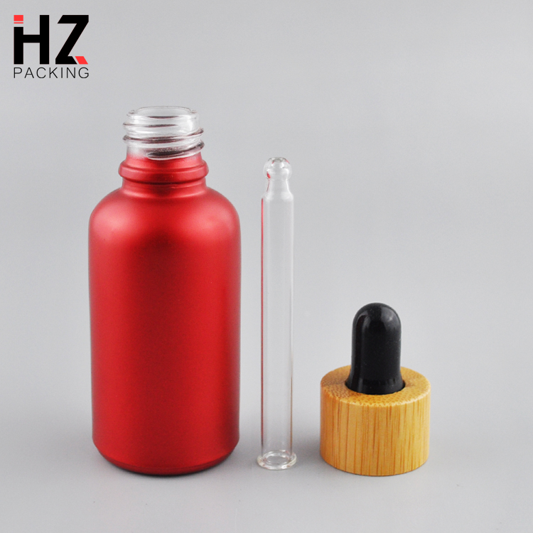 1oz 30ml round frosted black amber glass oil dropper bottles with bamboo lid