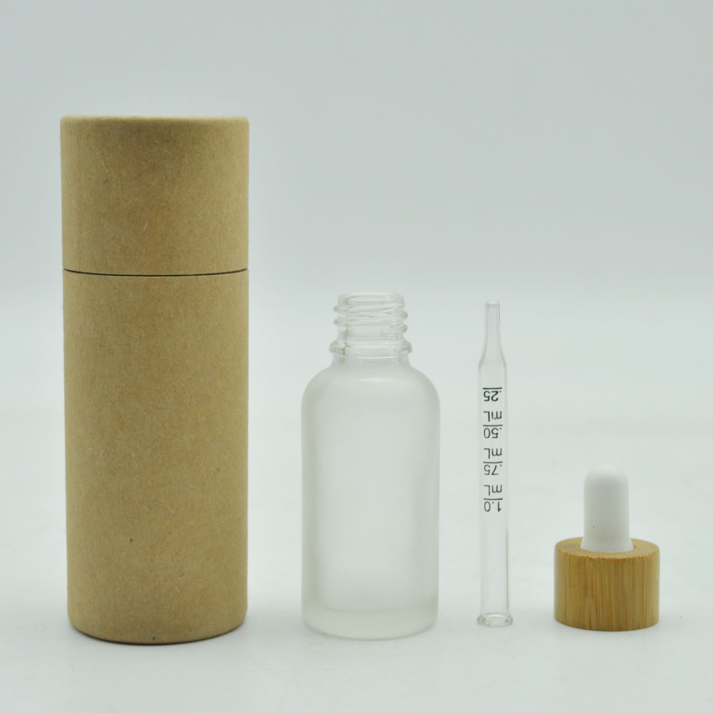 1oz 30ml round frosted black amber glass oil dropper bottles with bamboo lid