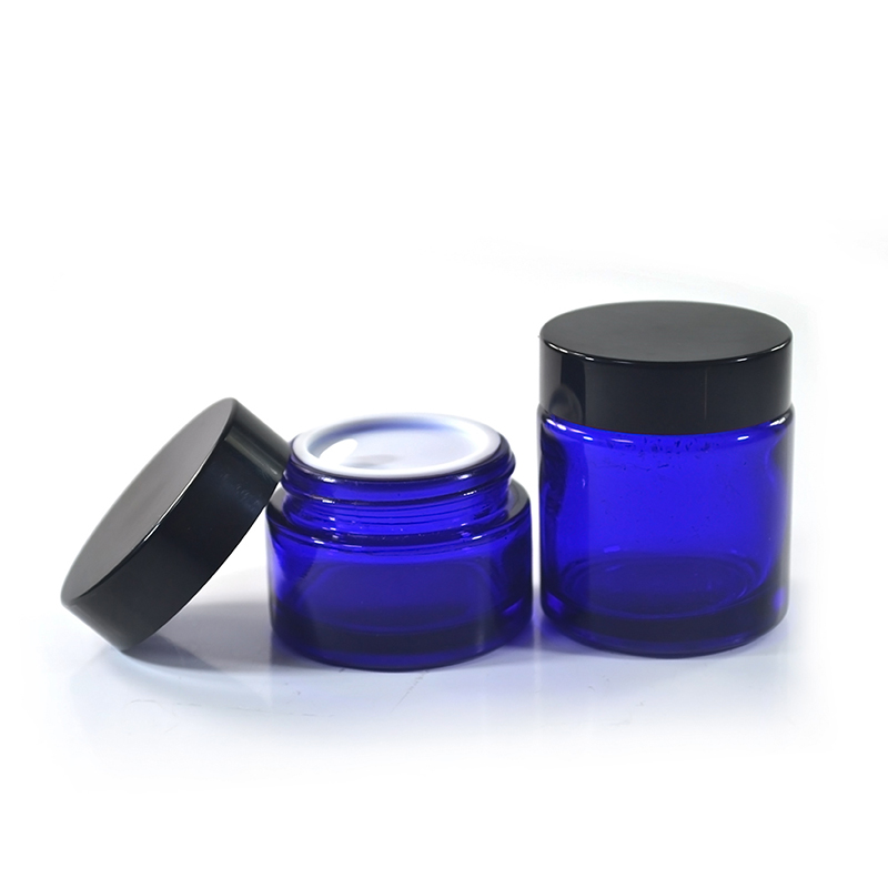 1oz Blue Glass Cream Jar with Black Lid
