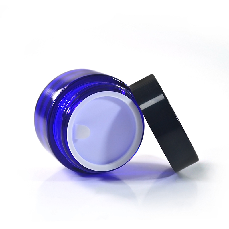 1oz Blue Glass Cream Jar with Black Lid