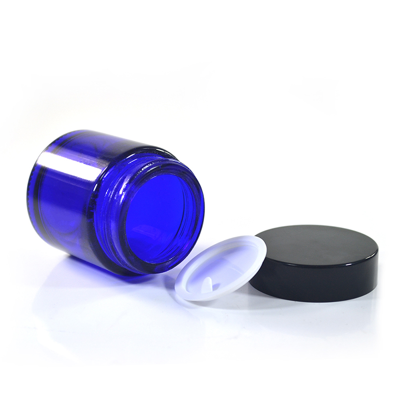 1oz Blue Glass Cream Jar with Black Lid