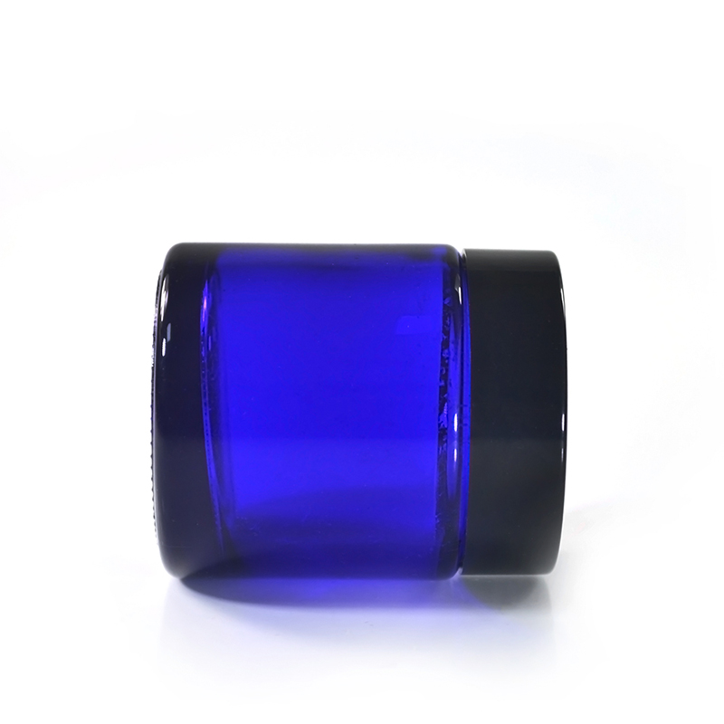 1oz Blue Glass Cream Jar with Black Lid