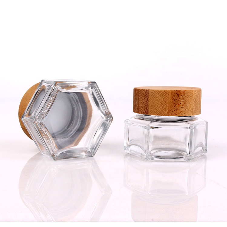 1oz Hexagonal clear glass cream jar face cream container with bamboo lid closure