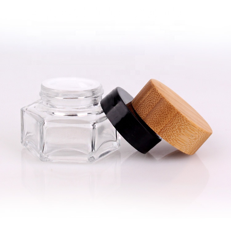 1oz Hexagonal clear glass cream jar face cream container with bamboo lid closure