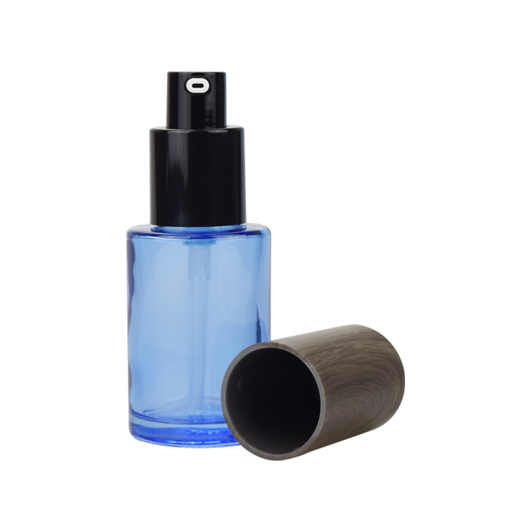 1oz flat serum pump blue glass bottle 30ml 40ml 50ml 60ml 80ml 100ml 120ml blue glass bottle with wooden cap