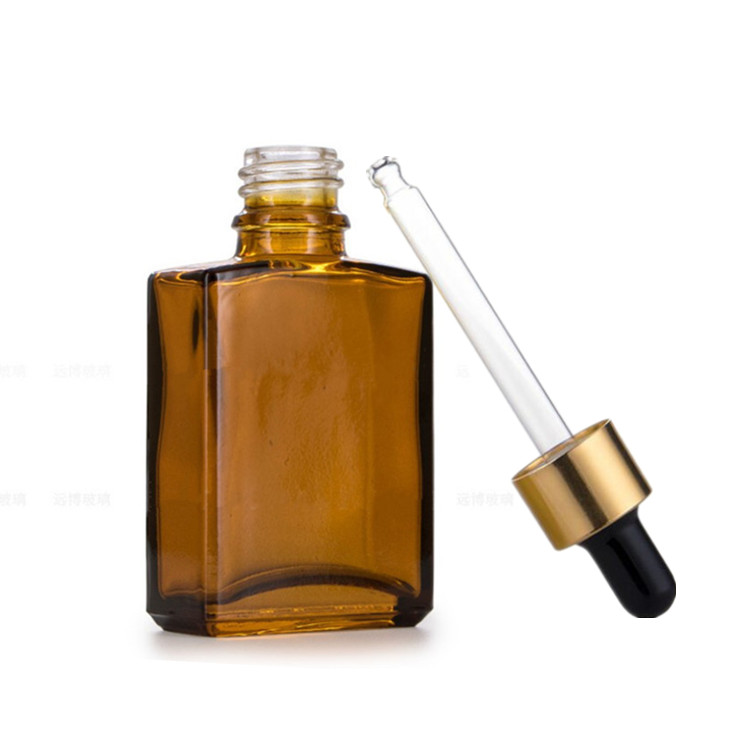 1oz rectangle square flat amber glass dropper bottle with alumite golden collar neck finish