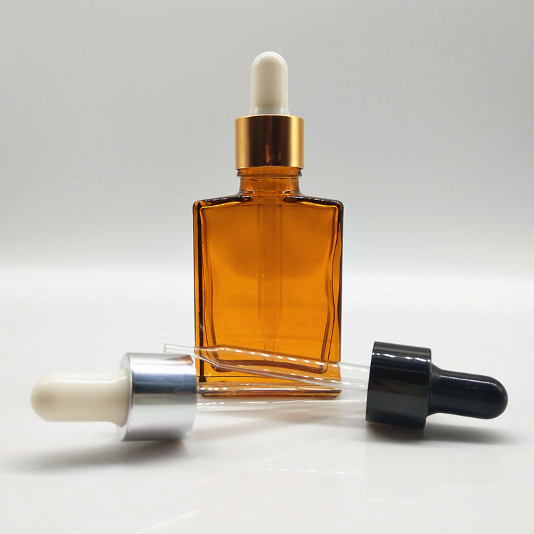 1oz rectangle square flat amber glass dropper bottle with alumite golden collar neck finish