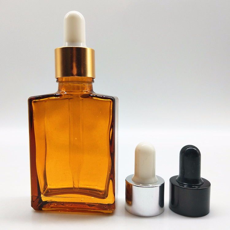 1oz rectangle square flat amber glass dropper bottle with alumite golden collar neck finish