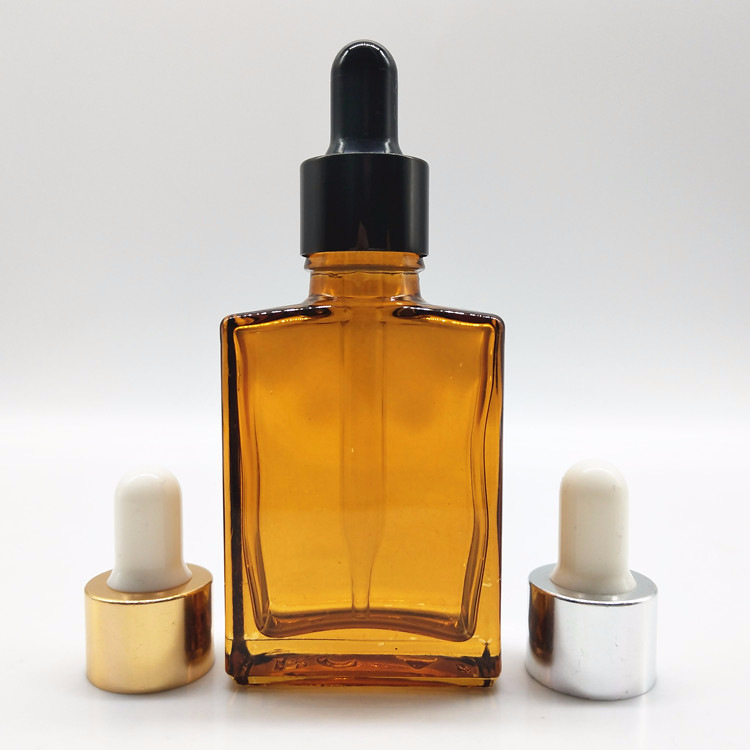 1oz rectangle square flat amber glass dropper bottle with alumite golden collar neck finish