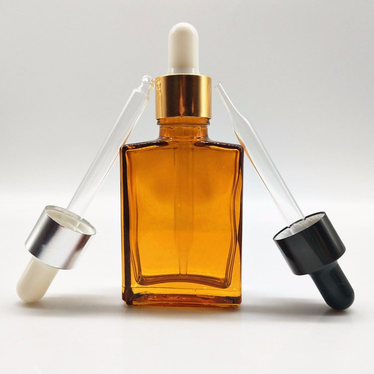1oz rectangle square flat amber glass dropper bottle with alumite golden collar neck finish