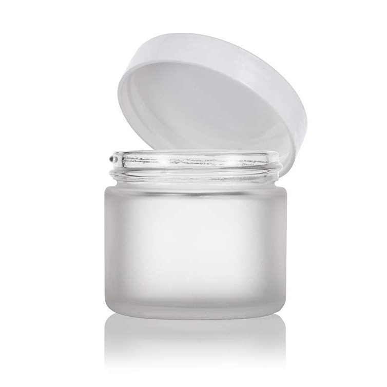 2 OZ Frosted Clear Cosmetic Glass Straight Sided Jars with White Foam Lined Lids