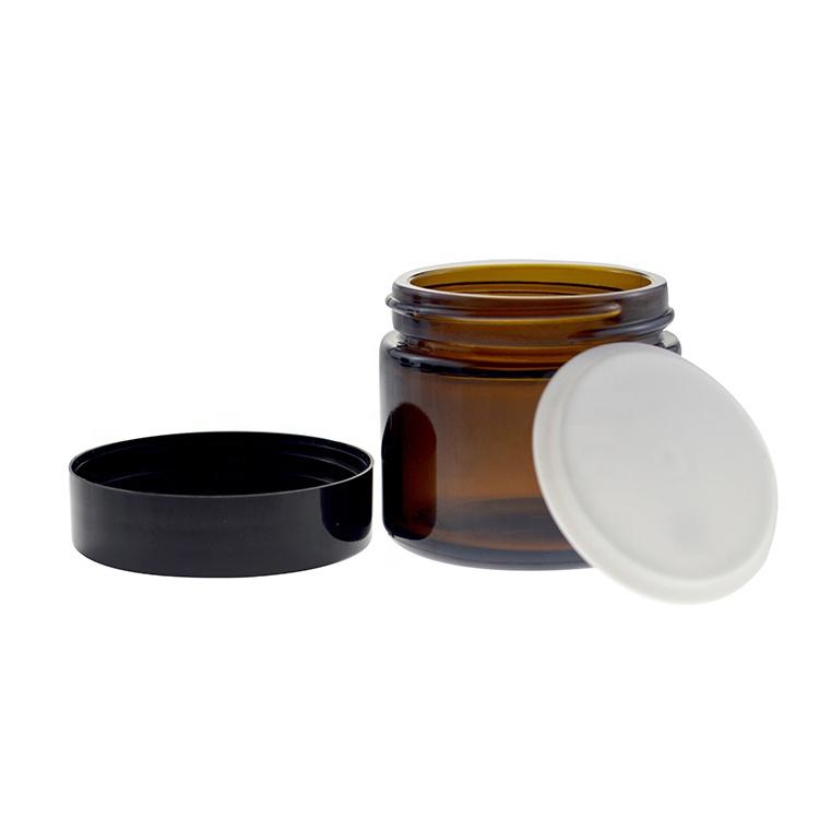 2 OZ frasco de vidro ambar Round Glass Cream Jar with Black Plastic Lids