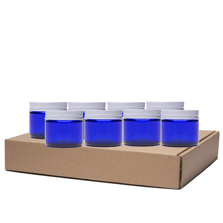 2-Ounce Cobalt Blue Glass Jars w/White Metal Lids for Cream