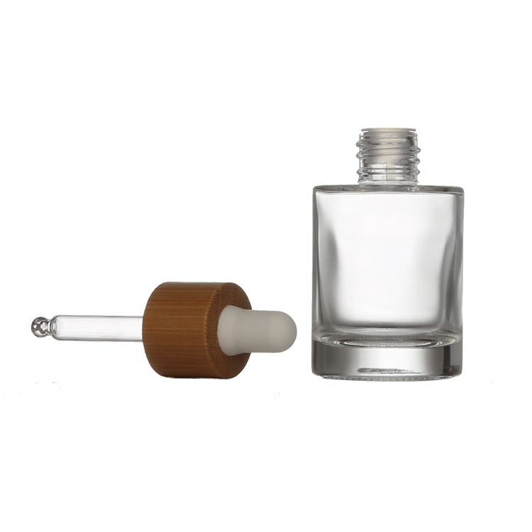 2 Oz Cylindrical Bamboo Flat Shoulder Glass Clear Bottles Dropper 30 Ml