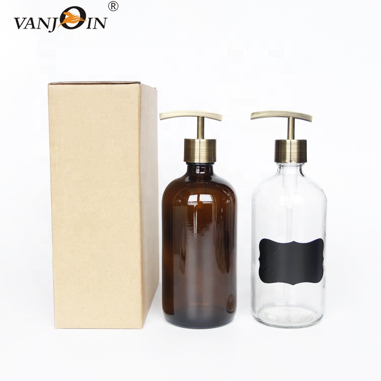 2 Pack 16oz Amber Glass Round Refillable Hand Sanitizer Liquid Soap Dispenser Bottles