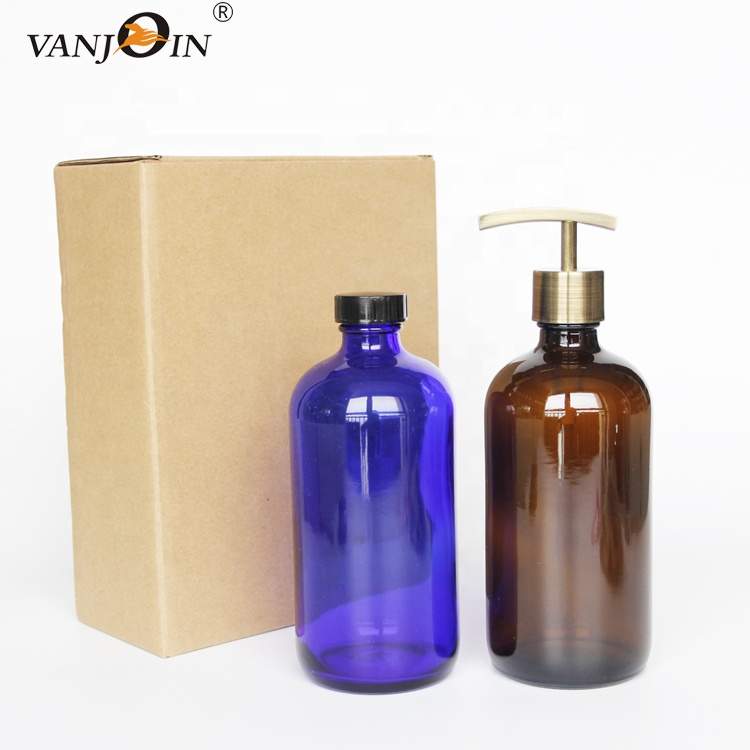 2 Pack 16oz Amber Glass Round Refillable Hand Sanitizer Liquid Soap Dispenser Bottles