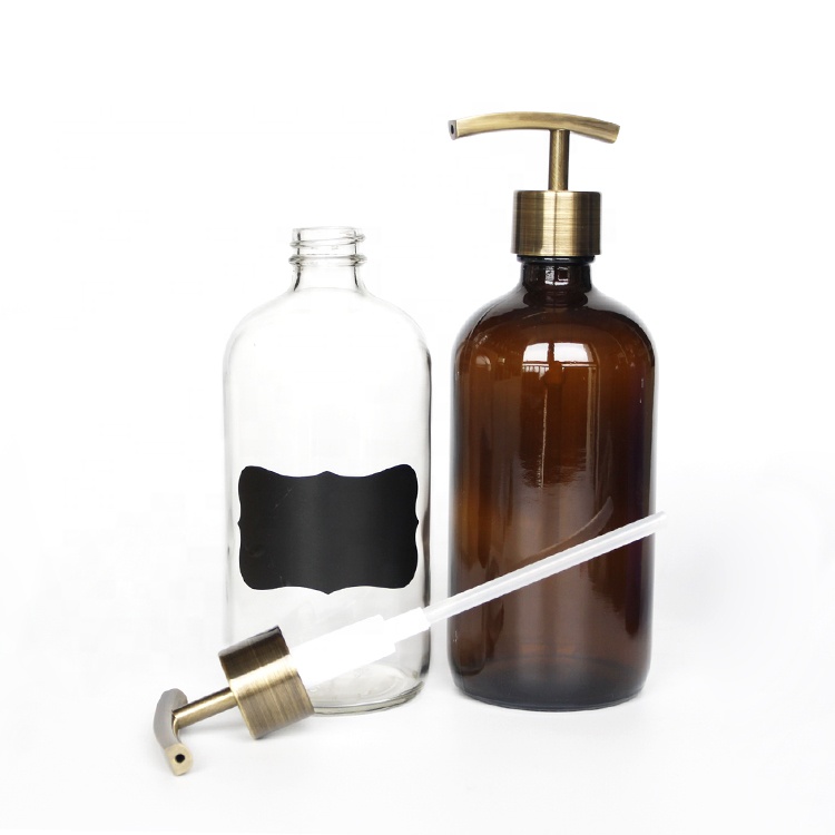 2 Pack 16oz Amber Glass Round Refillable Hand Sanitizer Liquid Soap Dispenser Bottles