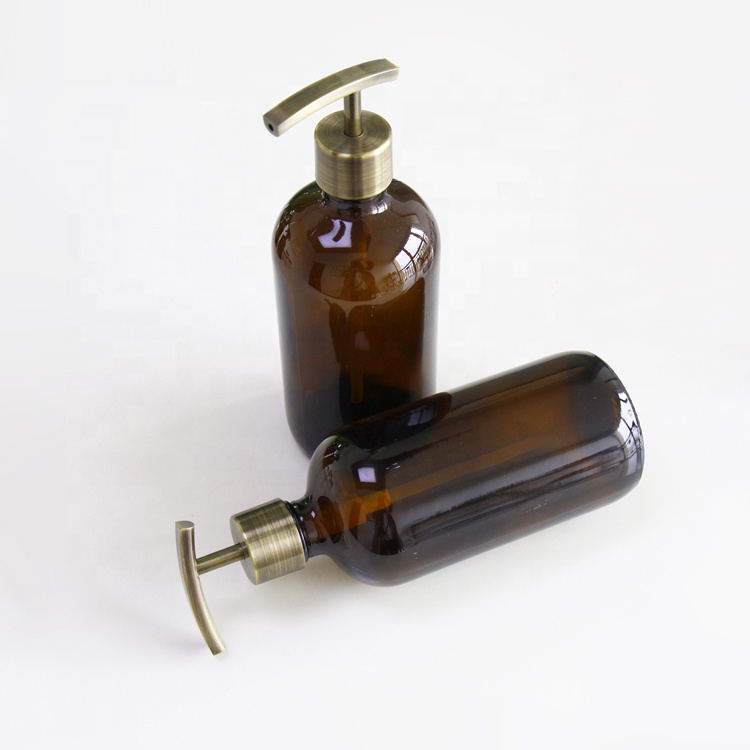 2 Pack 16oz Amber Glass Round Refillable Hand Sanitizer Liquid Soap Dispenser Bottles