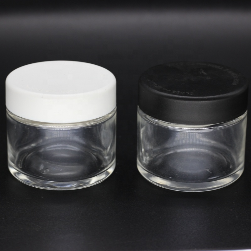 2 oz 3 oz clear glass jar with 48mm white child resistant cap for powder cbd flower