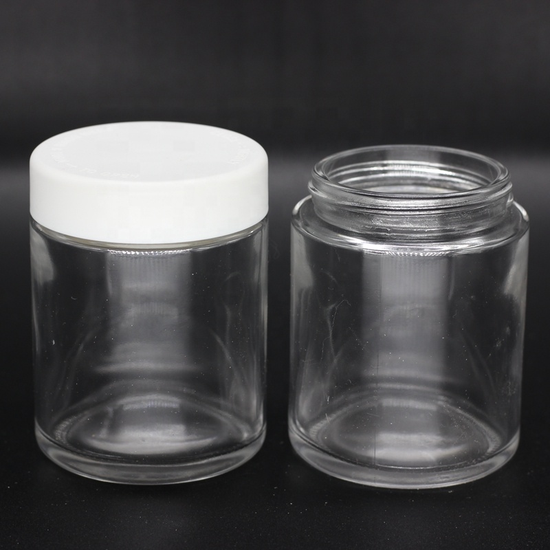 2 oz 3 oz clear glass jar with 48mm white child resistant cap for powder cbd flower