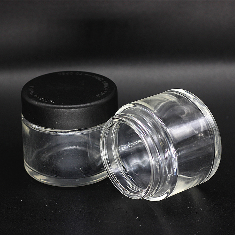 2 oz 3 oz clear glass jar with 48mm white child resistant cap for powder cbd flower