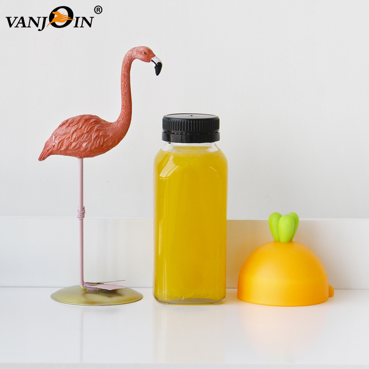 2 oz 4 oz 8 oz Fresh Cold Pressed Juice French Square Glass Bottles With Black Screw Cap