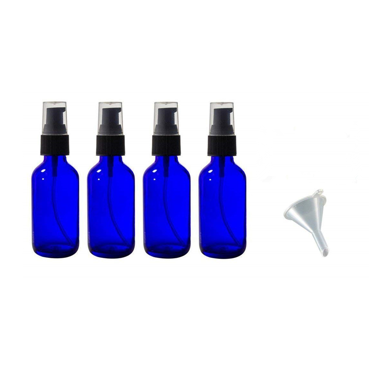 2 oz 60ml Cobalt Blue Glass Boston Round Treatment Pump Bottle with Funnel and Labels for essential oils aromatherapy