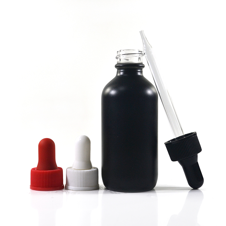 2 oz 60ml matte black  boston round glass bottle with dropper cap for essential oil